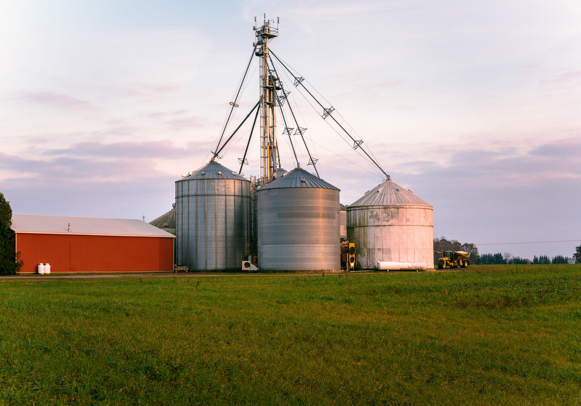 Corrugated Steel Grain Sorage Bins and a Grain Elevator in a Green Field at Sunset.  A Red Metal Barn is Beside the Storage Bins.