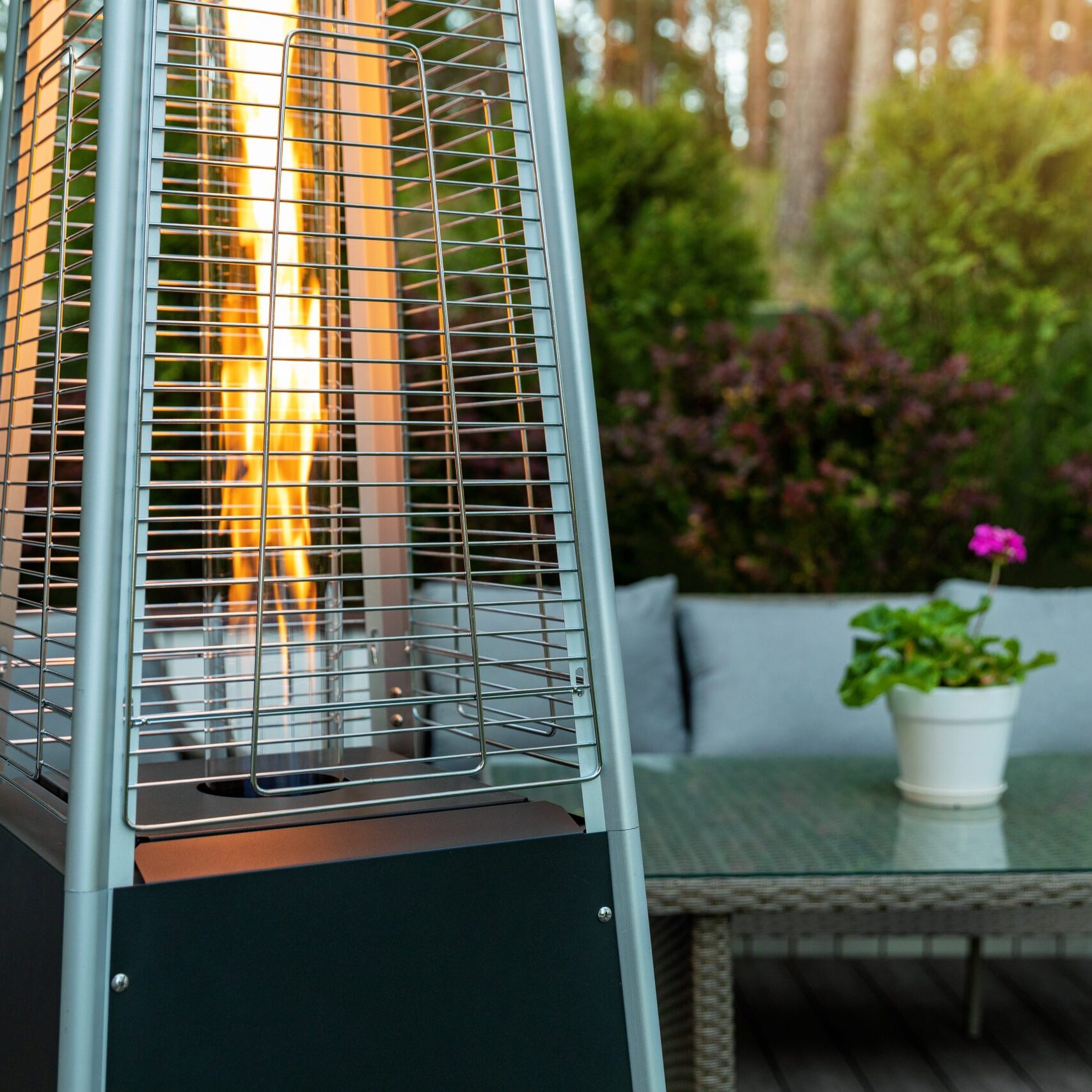 outdoor gas pyramid heater working on terrace